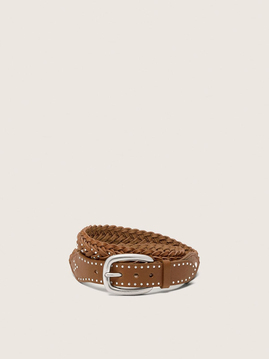 houston-riem van kaki geweven leer met zilveren studs.