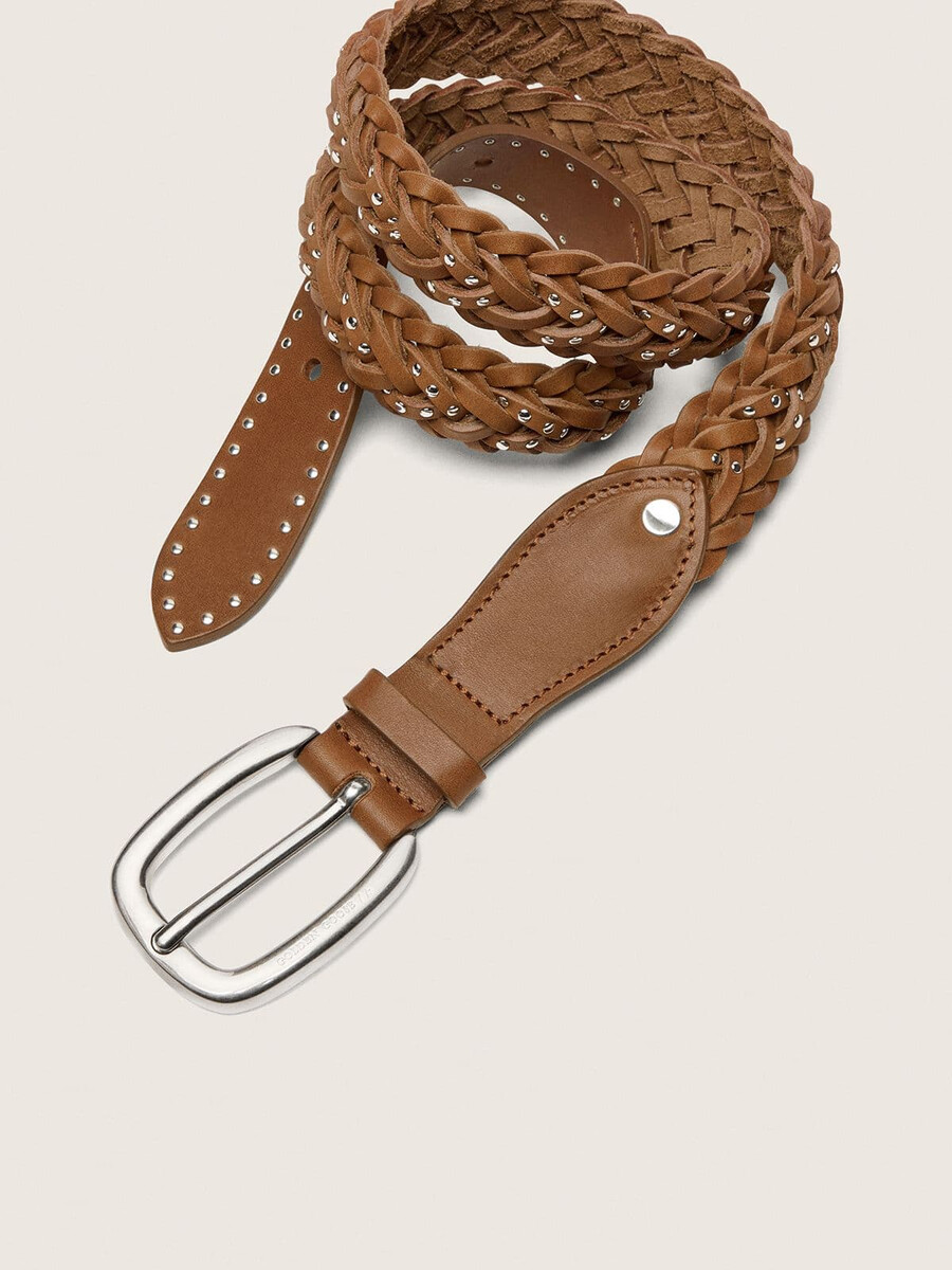 houston-riem van kaki geweven leer met zilveren studs.