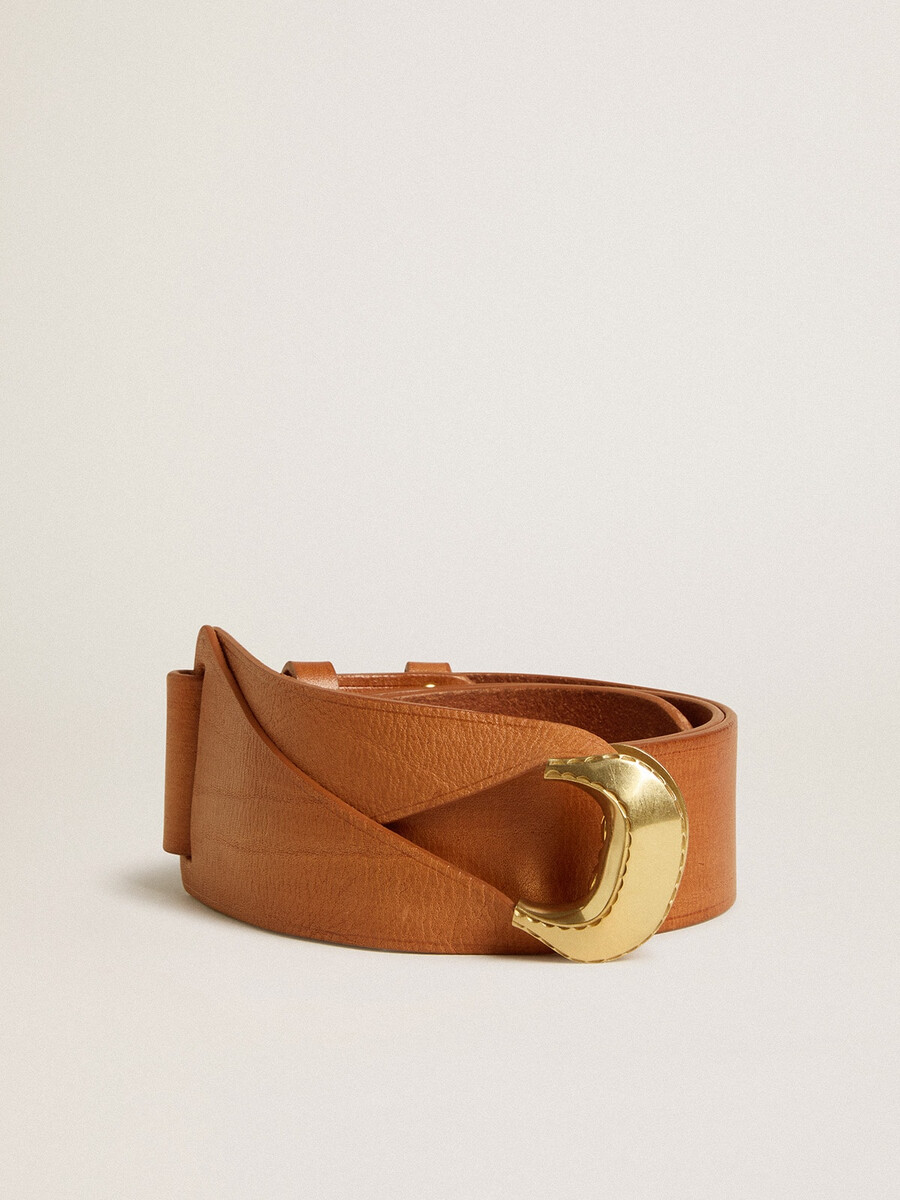 bruine leren riem met halfronde gouden gesp