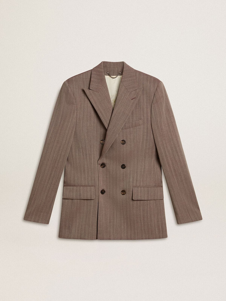 beige herenblazer met chevronpatroon van wolmix dubbelknoopsluiting