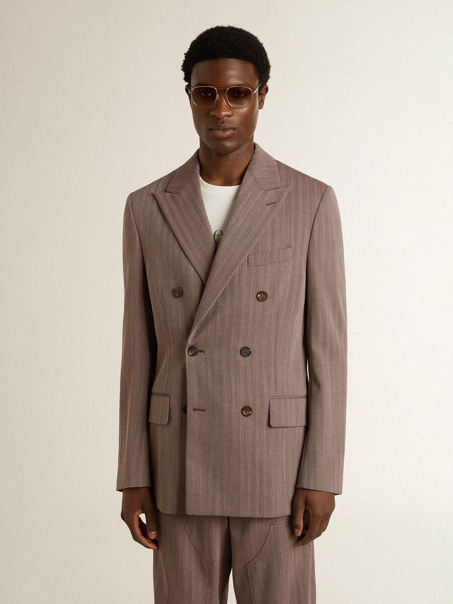 beige herenblazer met chevronpatroon van wolmix dubbelknoopsluiting