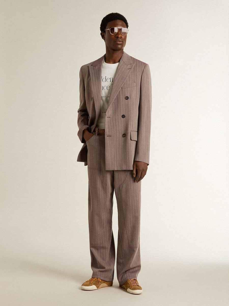 beige herenblazer met chevronpatroon van wolmix dubbelknoopsluiting