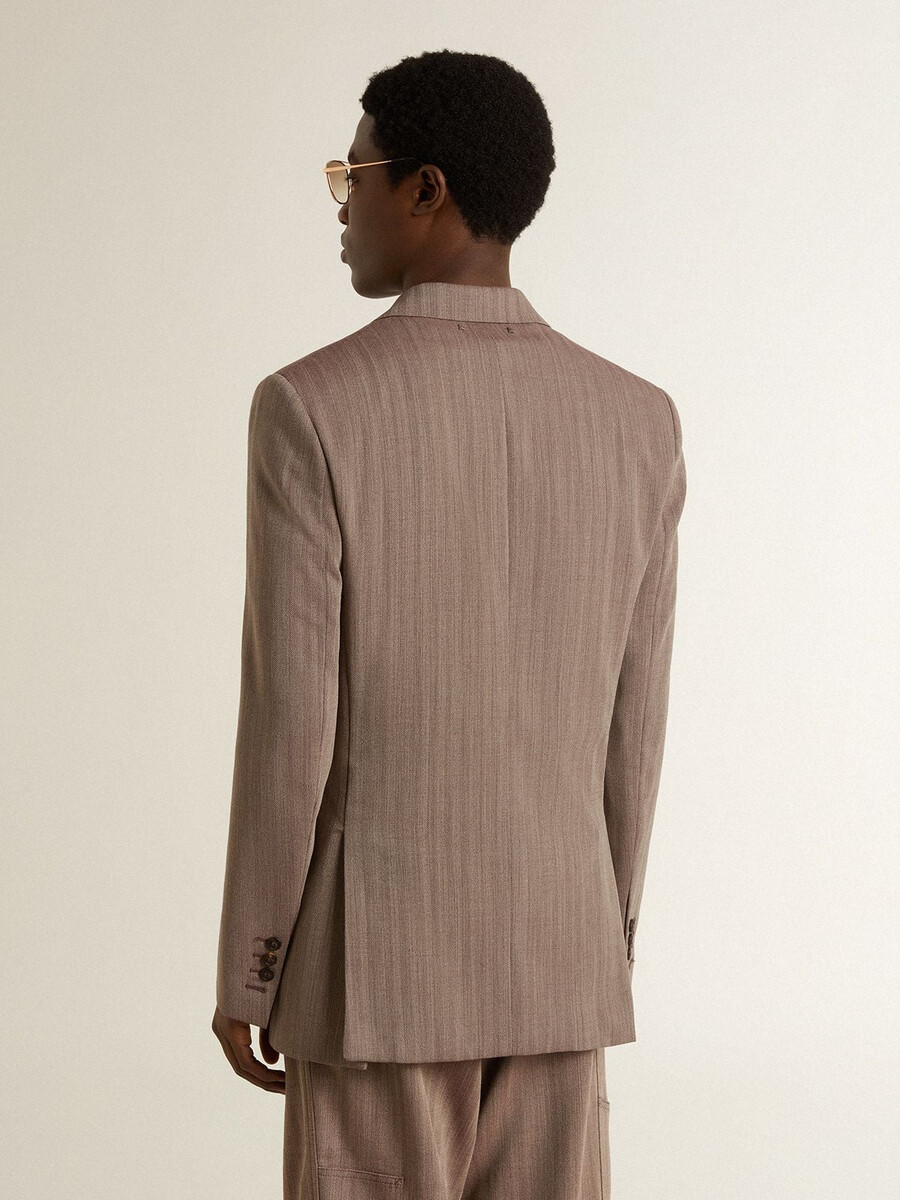 beige herenblazer met chevronpatroon van wolmix dubbelknoopsluiting