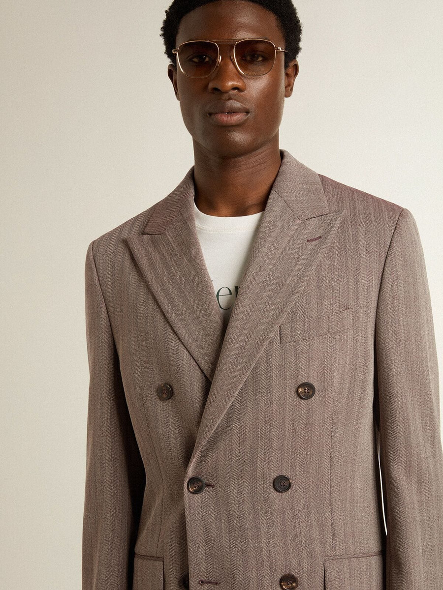 beige herenblazer met chevronpatroon van wolmix dubbelknoopsluiting