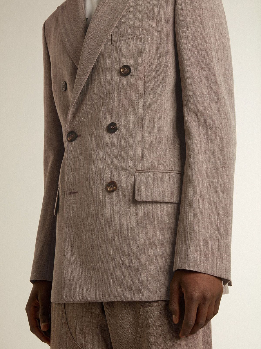 beige herenblazer met chevronpatroon van wolmix dubbelknoopsluiting