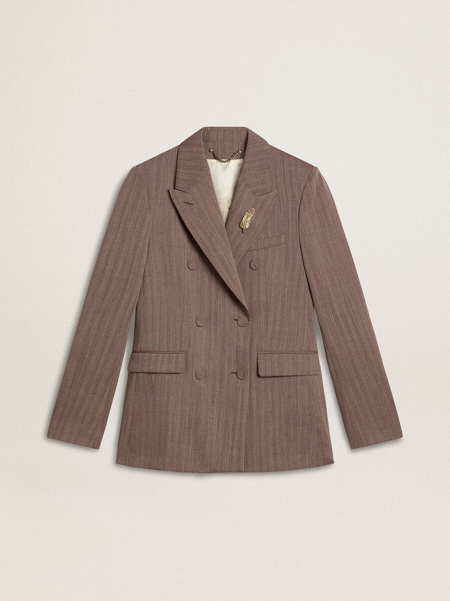 damesblazer met dubbele rij knopen in beige chevron wolmix
