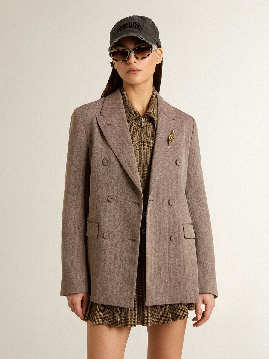 damesblazer met dubbele rij knopen in beige chevron wolmix