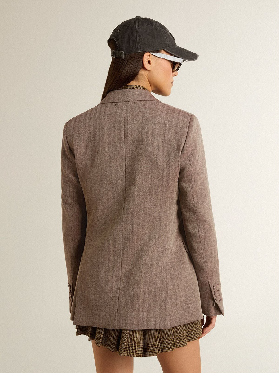damesblazer met dubbele rij knopen in beige chevron wolmix
