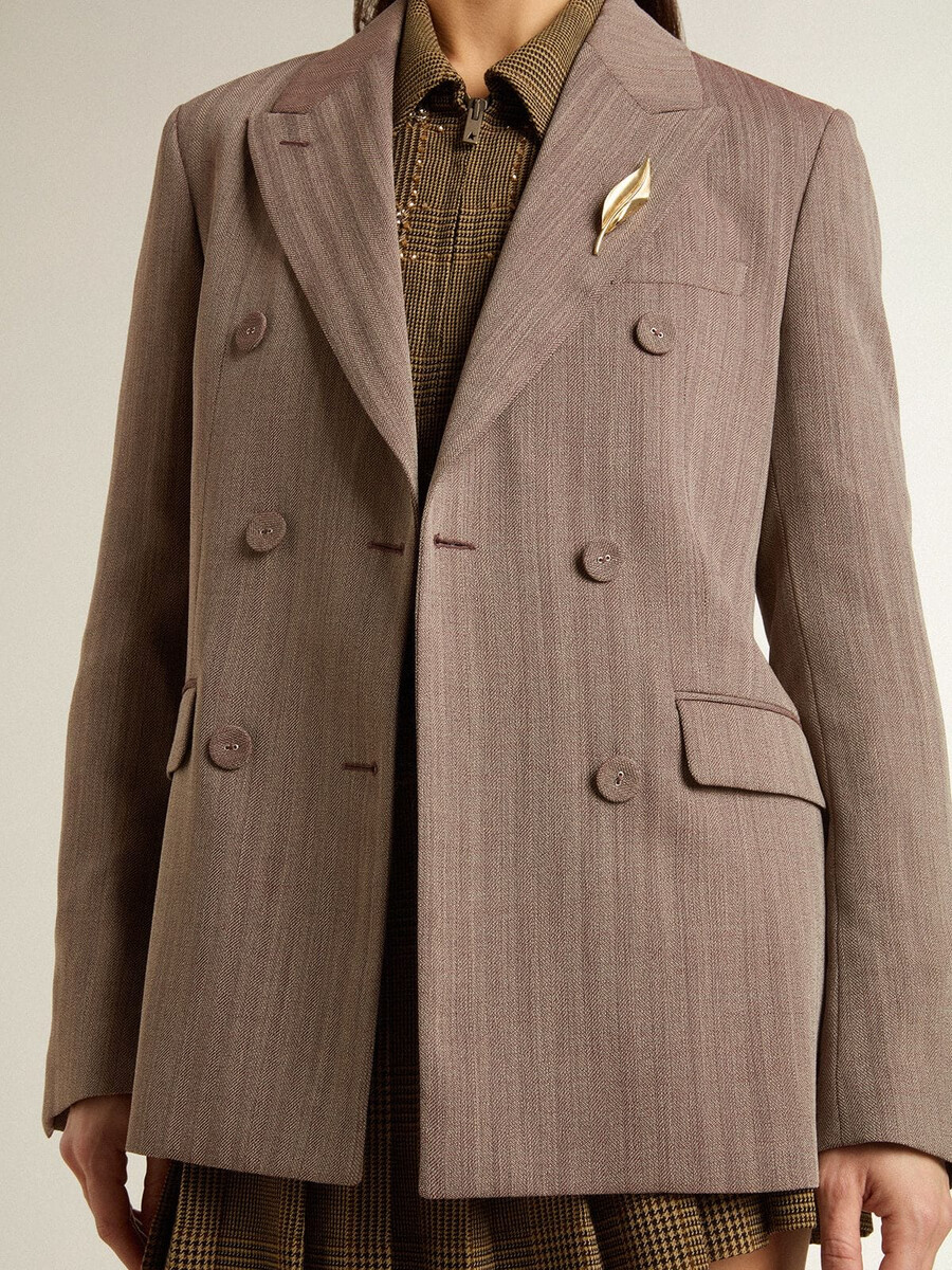 damesblazer met dubbele rij knopen in beige chevron wolmix