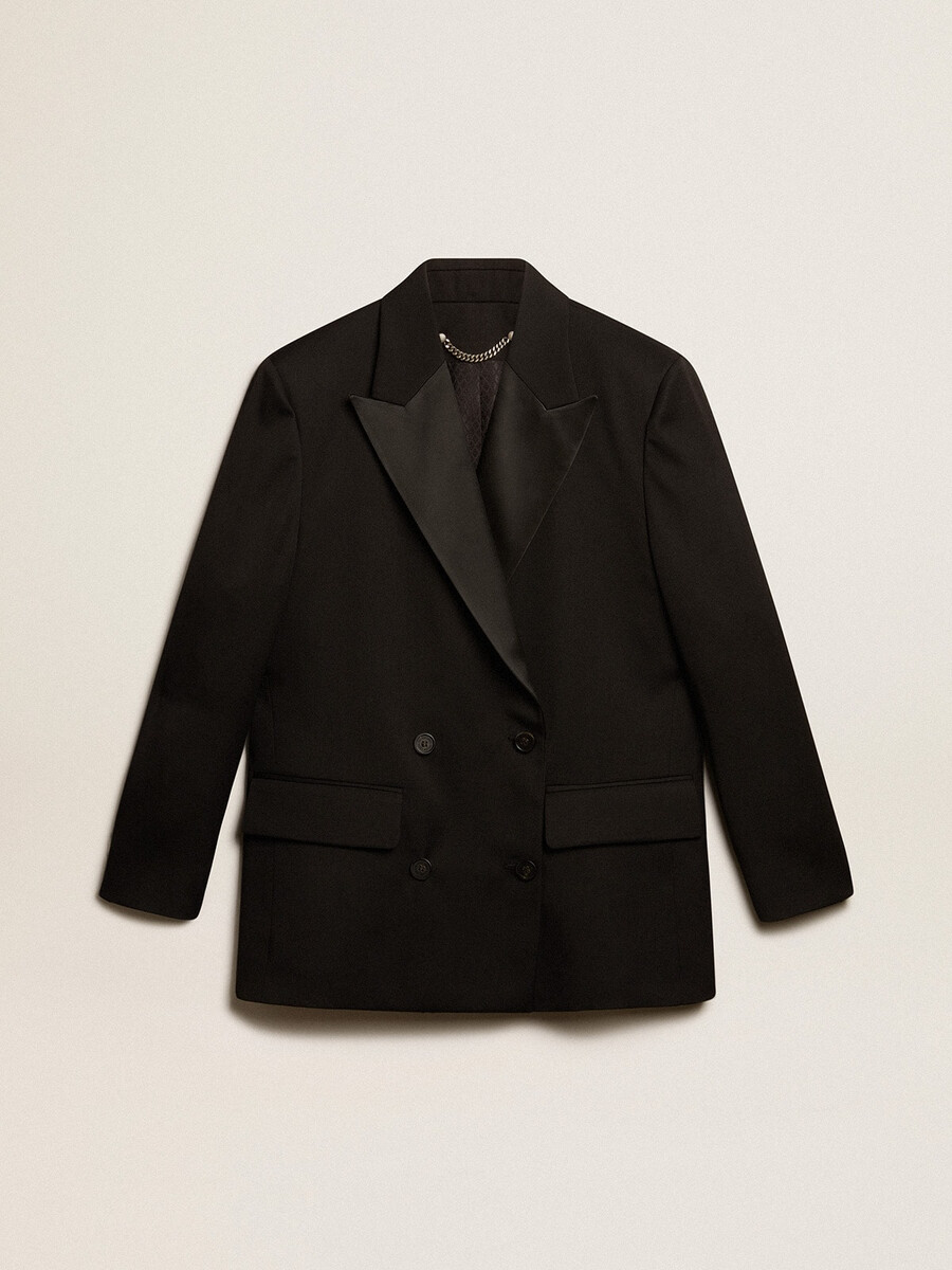 dames smokingjasje van zwarte wollen gabardine