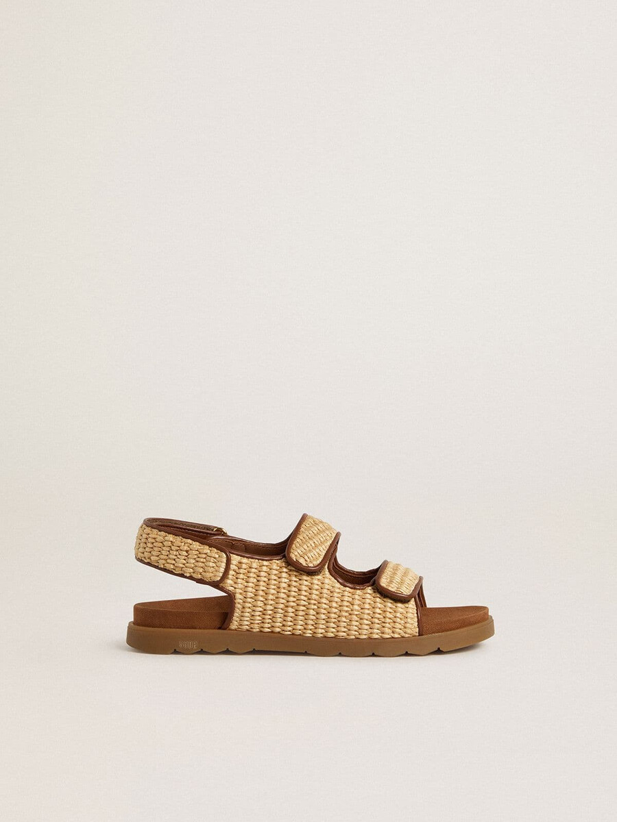 noa junior sandalen van beige raffia en bruin leer.