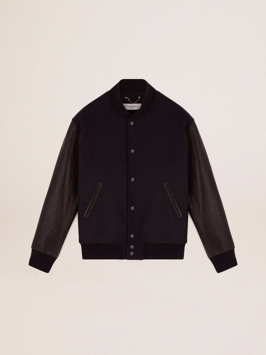 herenbomberjack van blauwe wol en zwart leer.