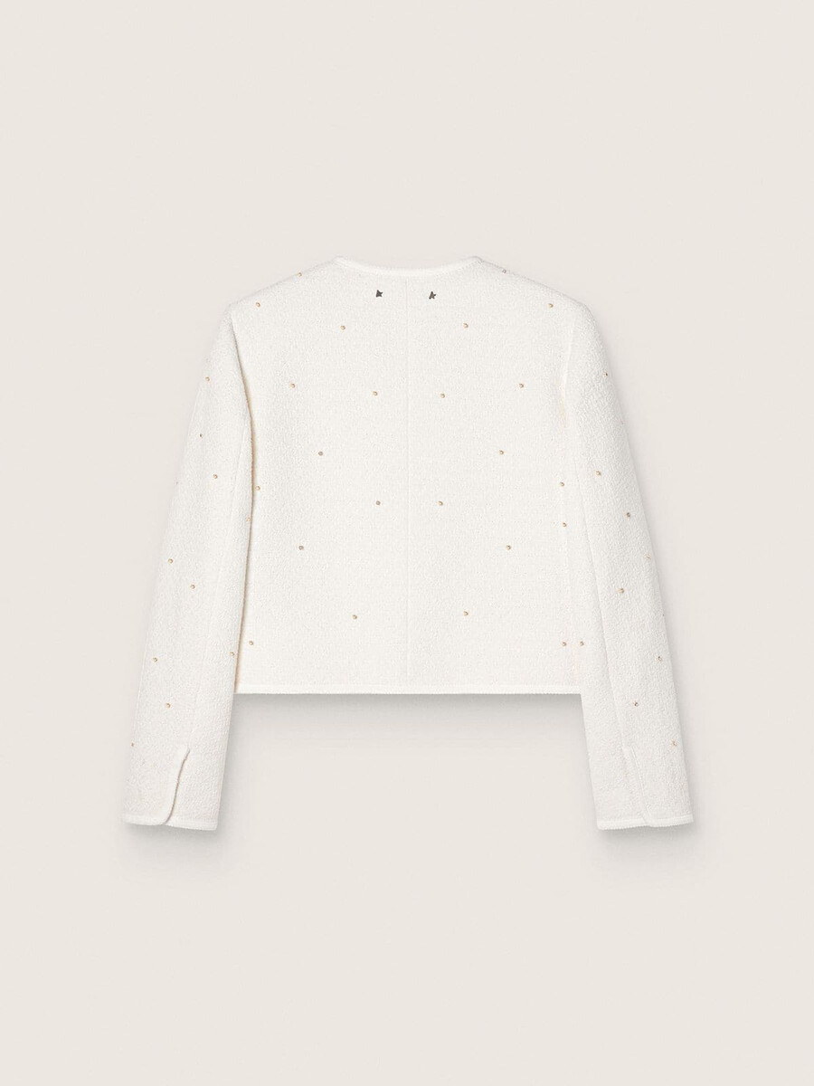 boxy damesjas van bouclé katoen met kralen over de hele jas.
