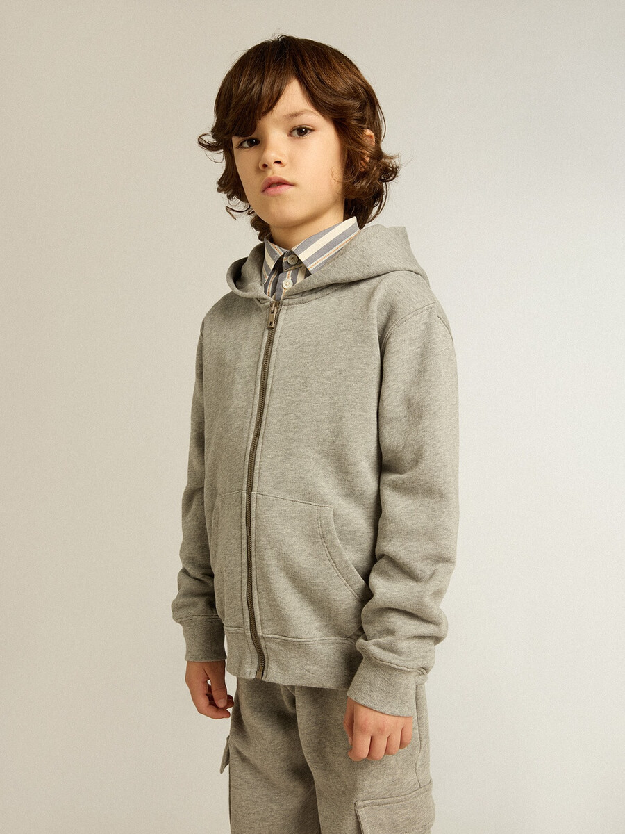 grijze gemêleerde hoodie met print op de achterkant