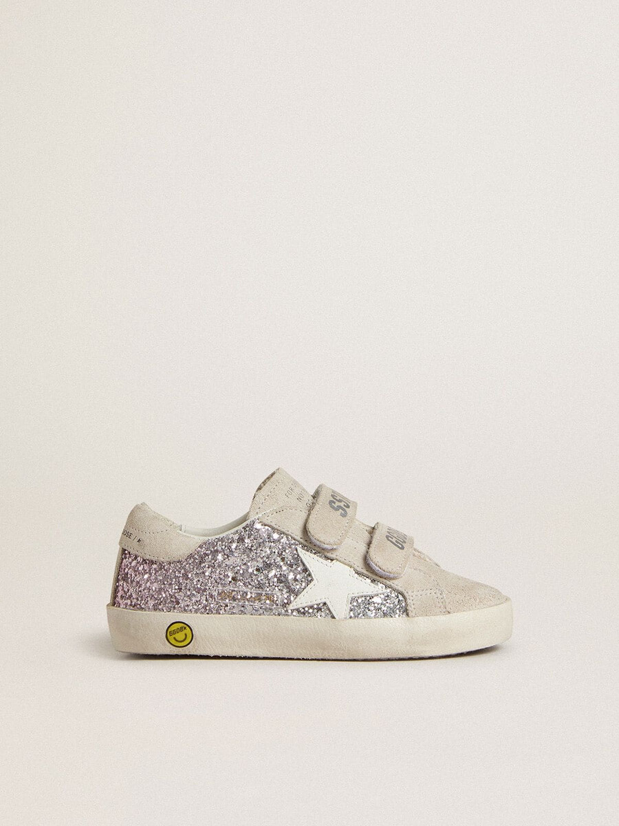 young old school in zilver en roze glitter met witte leren ster