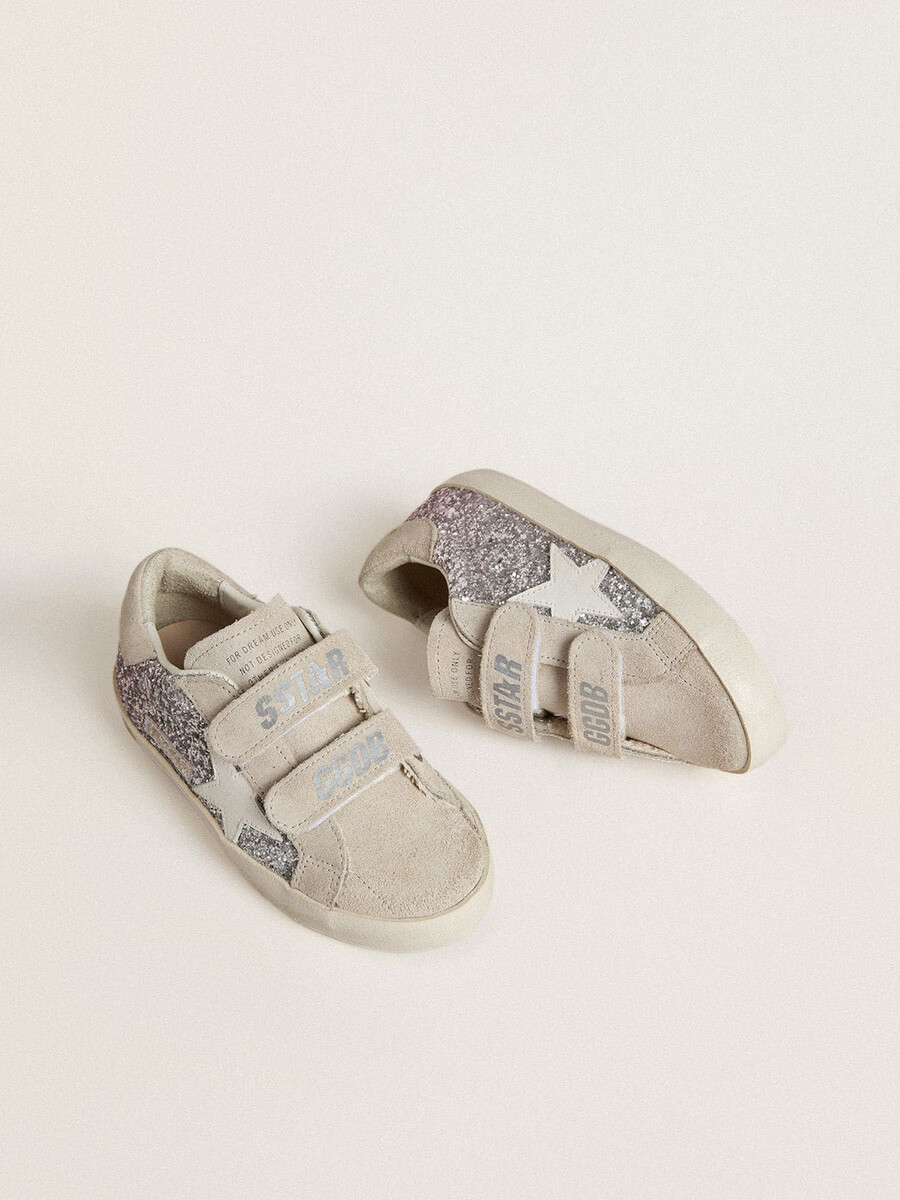 young old school in zilver en roze glitter met witte leren ster