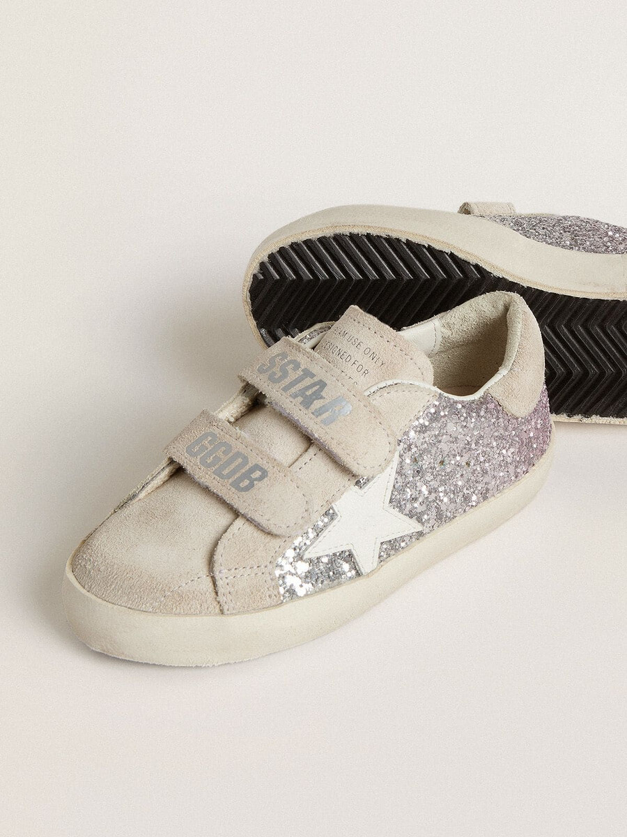 young old school in zilver en roze glitter met witte leren ster