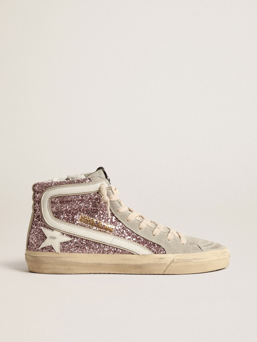 schuif in lila glitter met witte leren ster en flits