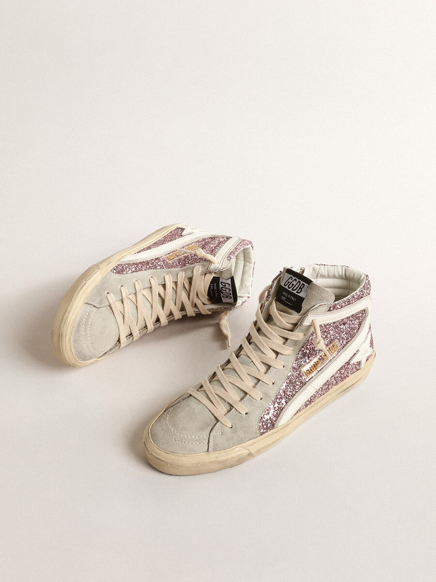 schuif in lila glitter met witte leren ster en flits