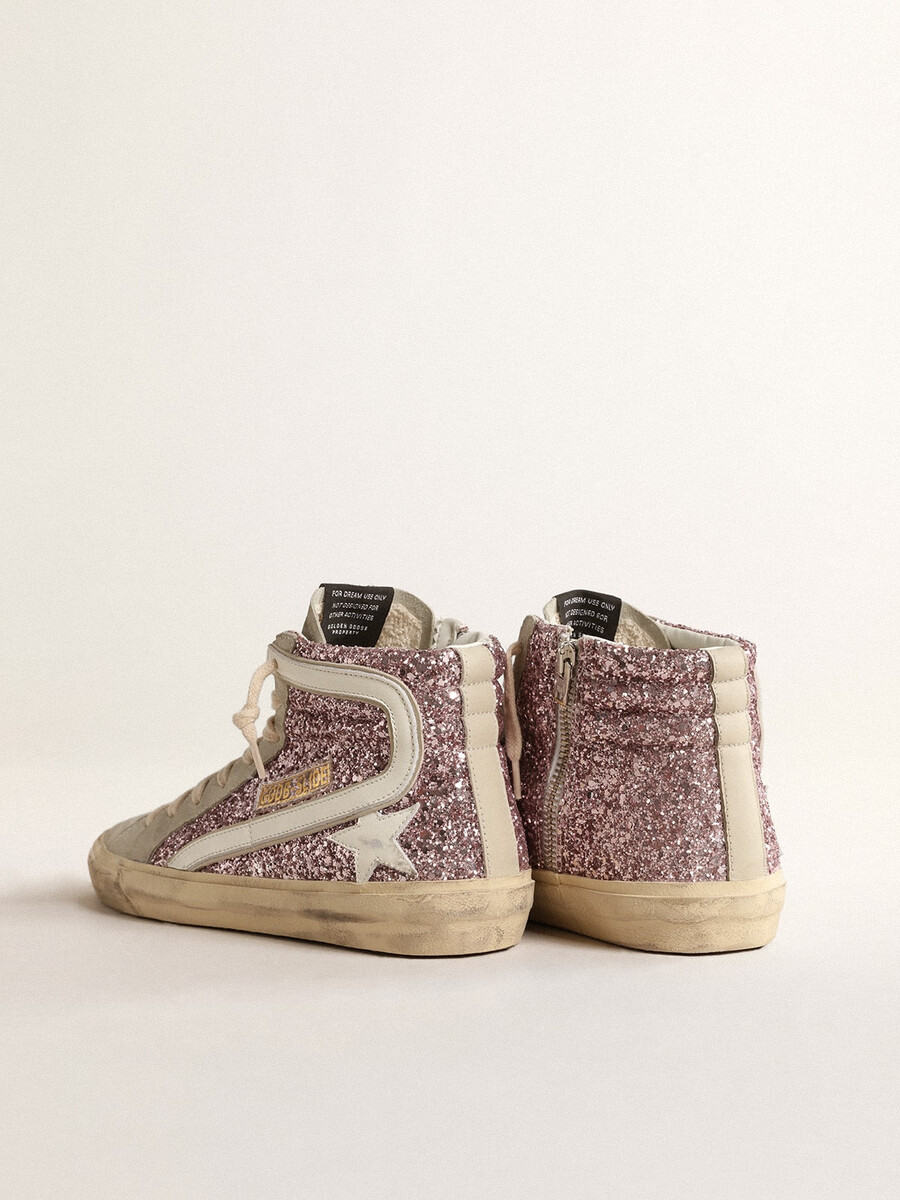 schuif in lila glitter met witte leren ster en flits
