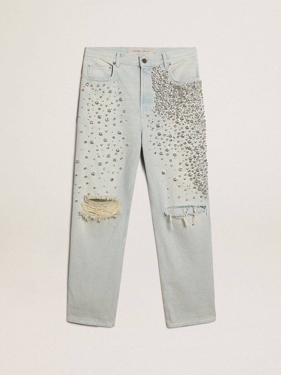 damesjeans van gebleekt leer met cabochonkristallen
