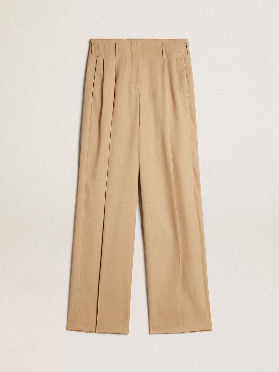 damesbroek van wollen gabardine in de kleur zand