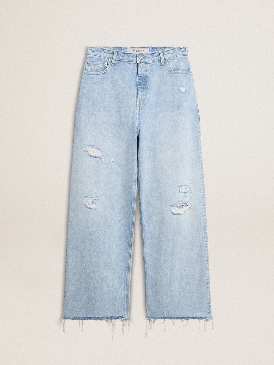 damesbroek van denim met een gedragen look.