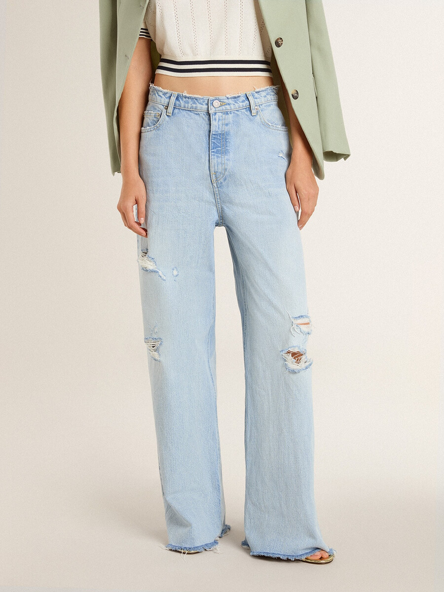 damesbroek van denim met een gedragen look.