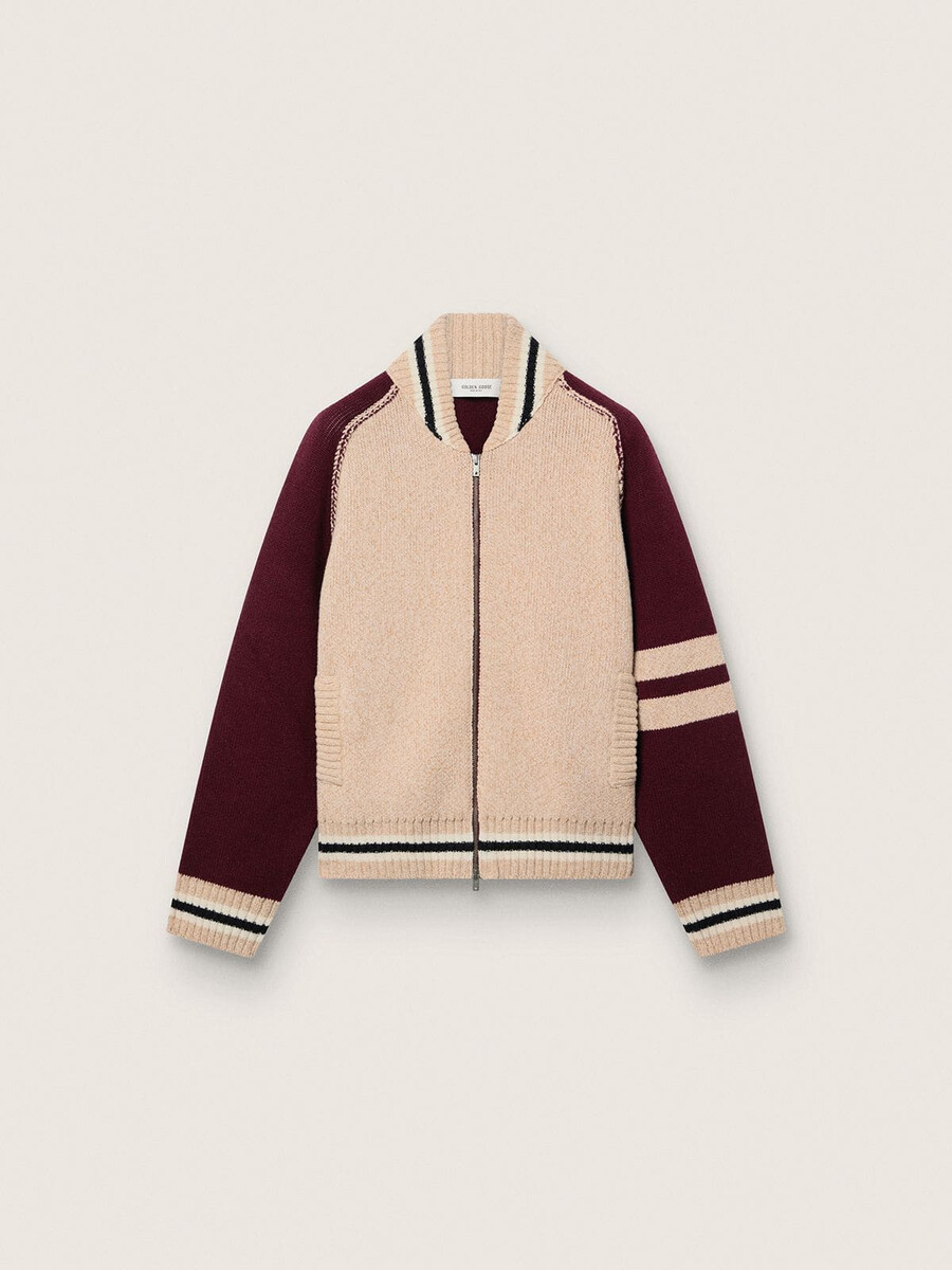 unisex bomberjack in wit en bordeauxrood jacquardbreisel.
