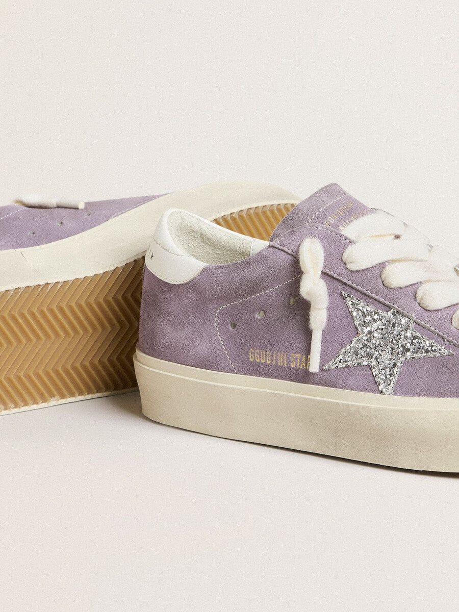 dames hi star in paars suède met zilveren glitterster
