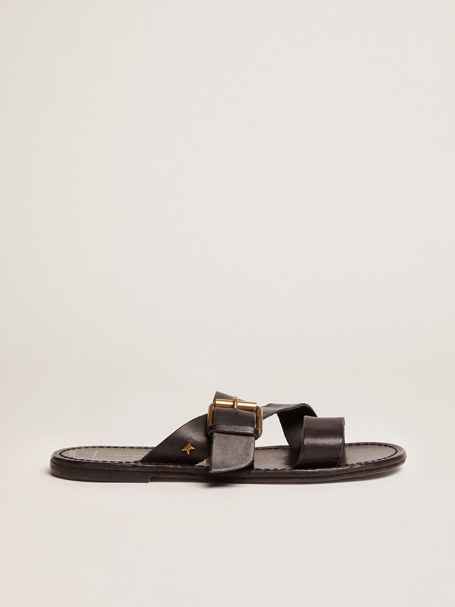 zwarte leren platte sandalen met gesp margaret