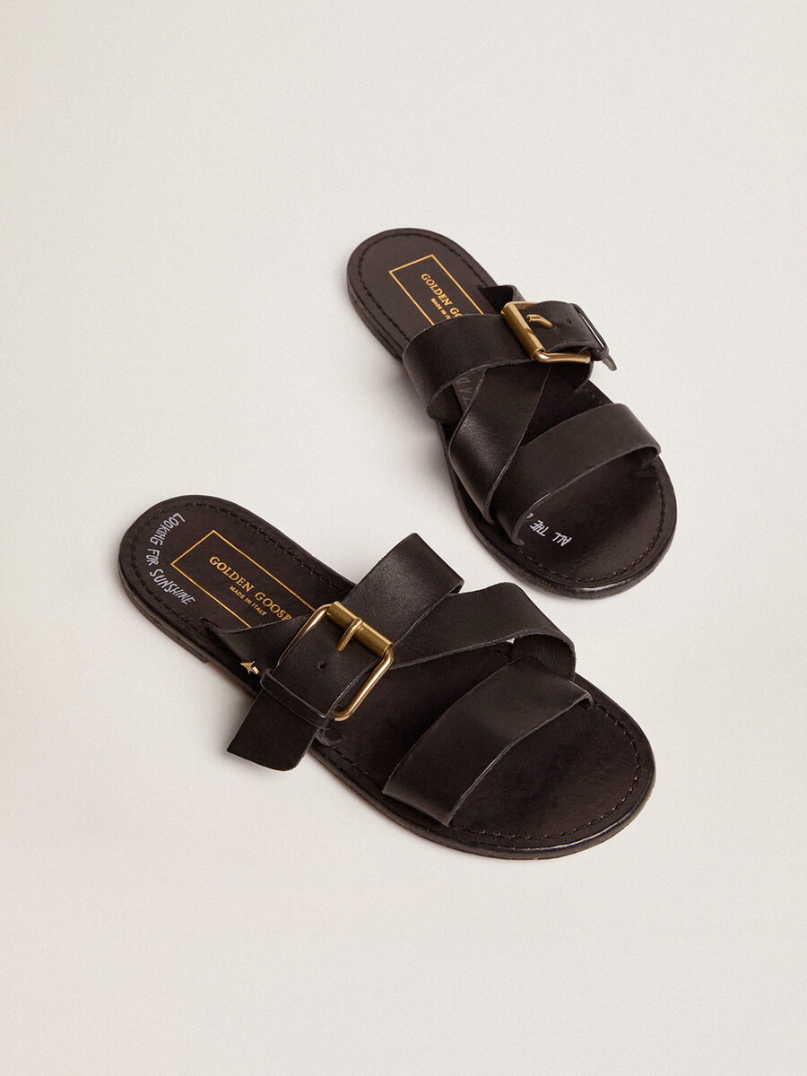 zwarte leren platte sandalen met gesp margaret