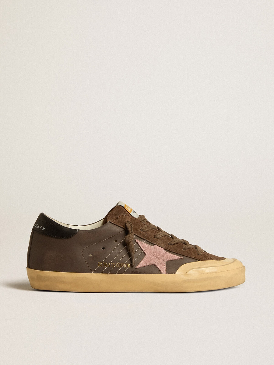 dames super-star penstar ltd in bruin leer met roze suède ster