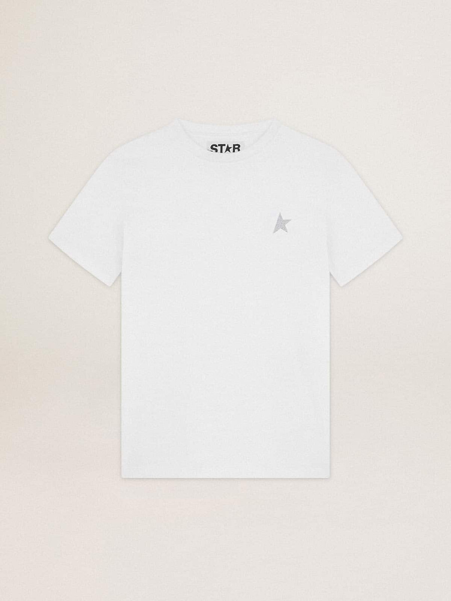 wit dames-t-shirt met zilveren glitterster op de voorkant
