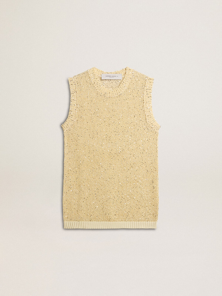 top van mesh-breisel met pailletten en contrasterende details.