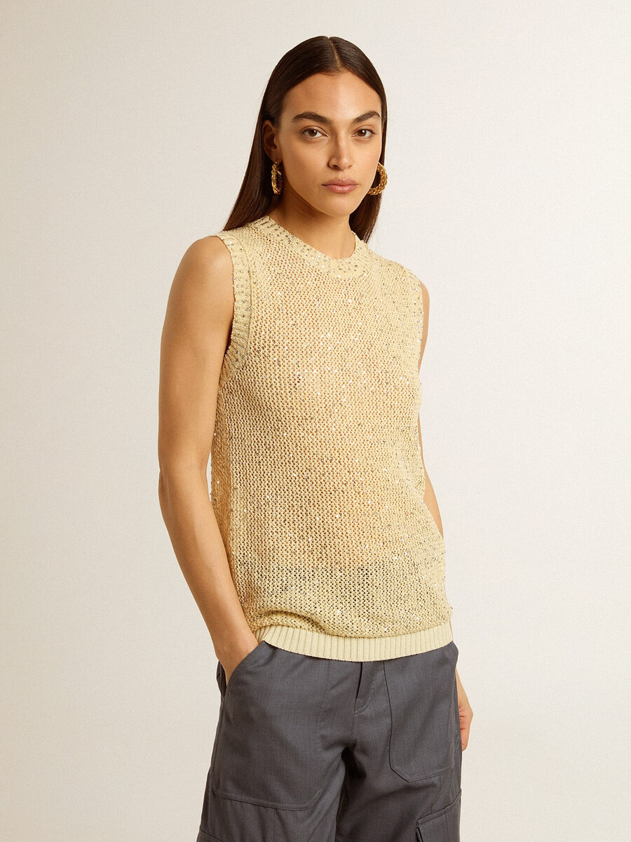 top van mesh-breisel met pailletten en contrasterende details.