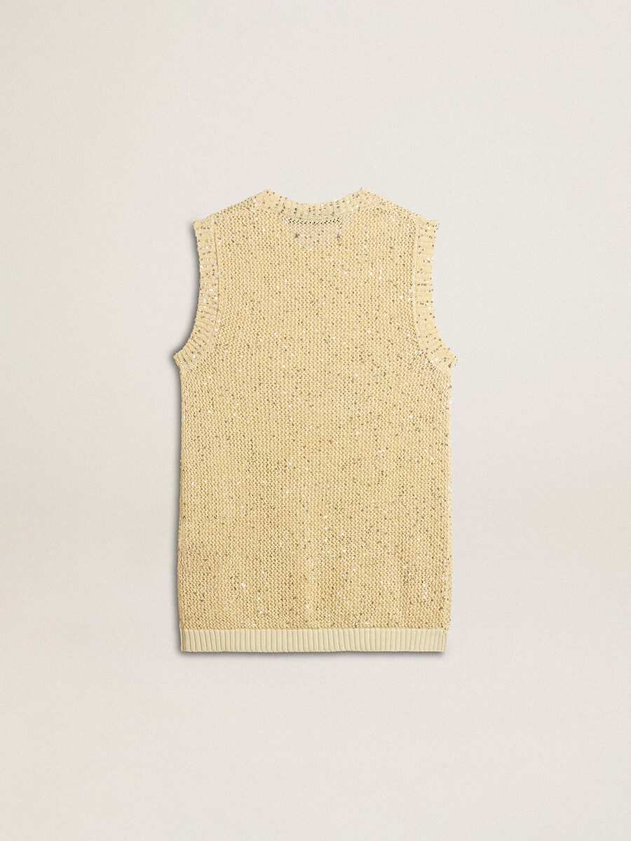 top van mesh-breisel met pailletten en contrasterende details.