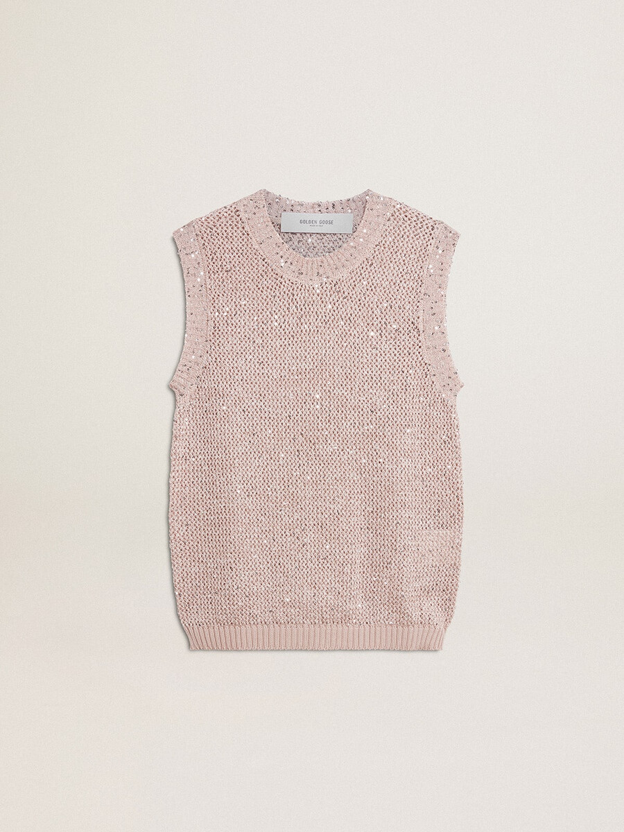 top van mesh-breisel met pailletten en contrasterende details.