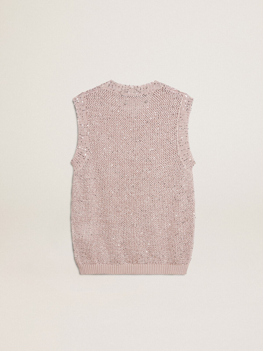 top van mesh-breisel met pailletten en contrasterende details.