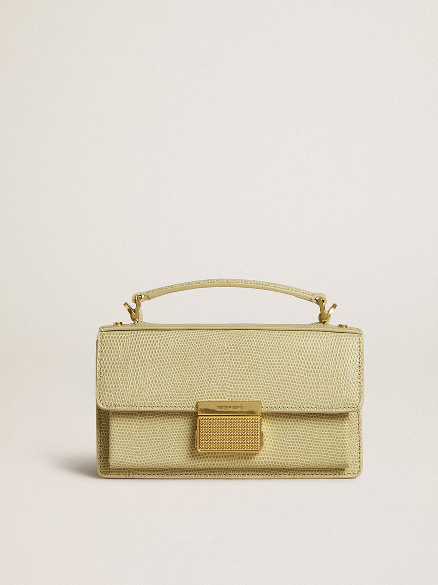 kleine venezia-tas in lichtgroen leer met pythonprint en gouden details.